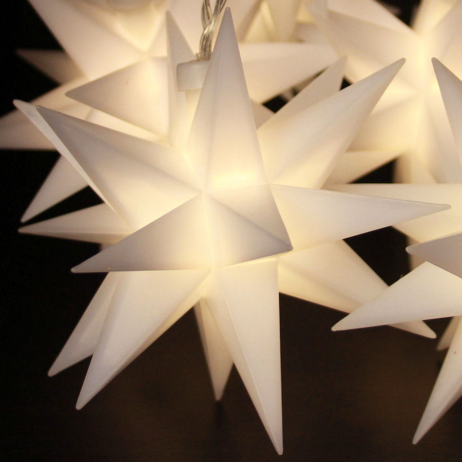 LED-Lichterkette mit 6 weißen 3D-Weihnachtssternen 12 cm, LED warmweiß,  Kunststoff, Batteriebetrieb, Timer
